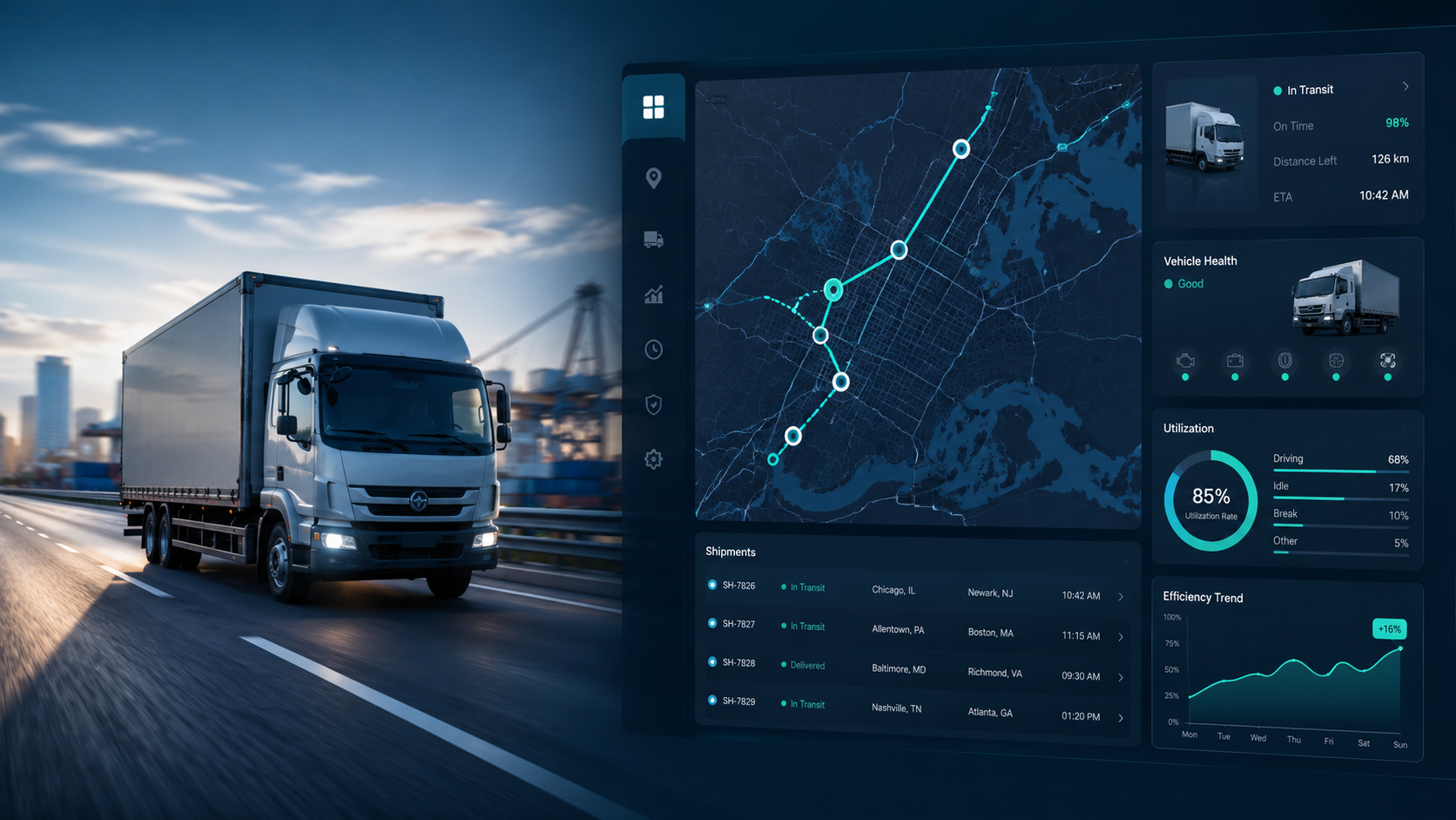 Camión en ruta con tablero digital de logística y monitoreo